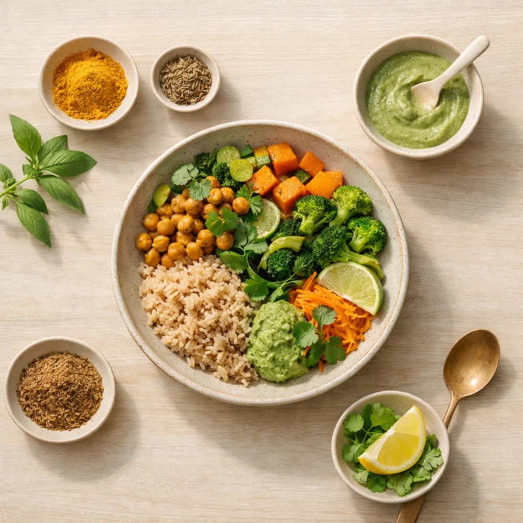 Ayurvedic meal bowl with grains vegetables herbs and spices