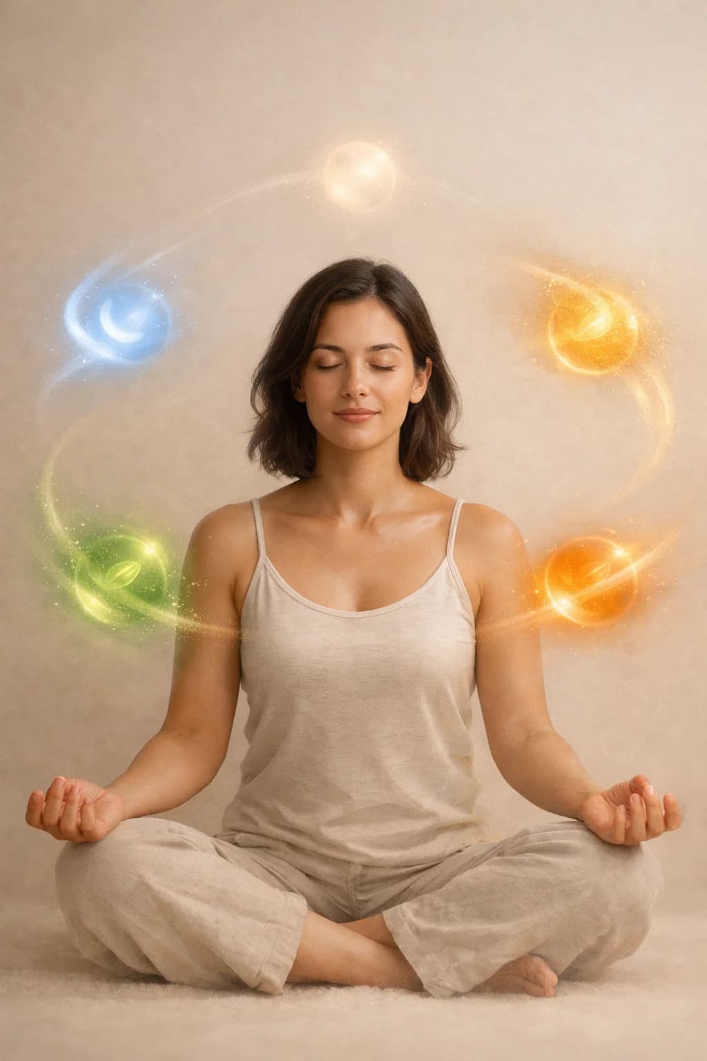 Meditative woman with elemental energy symbols representing dosha balance