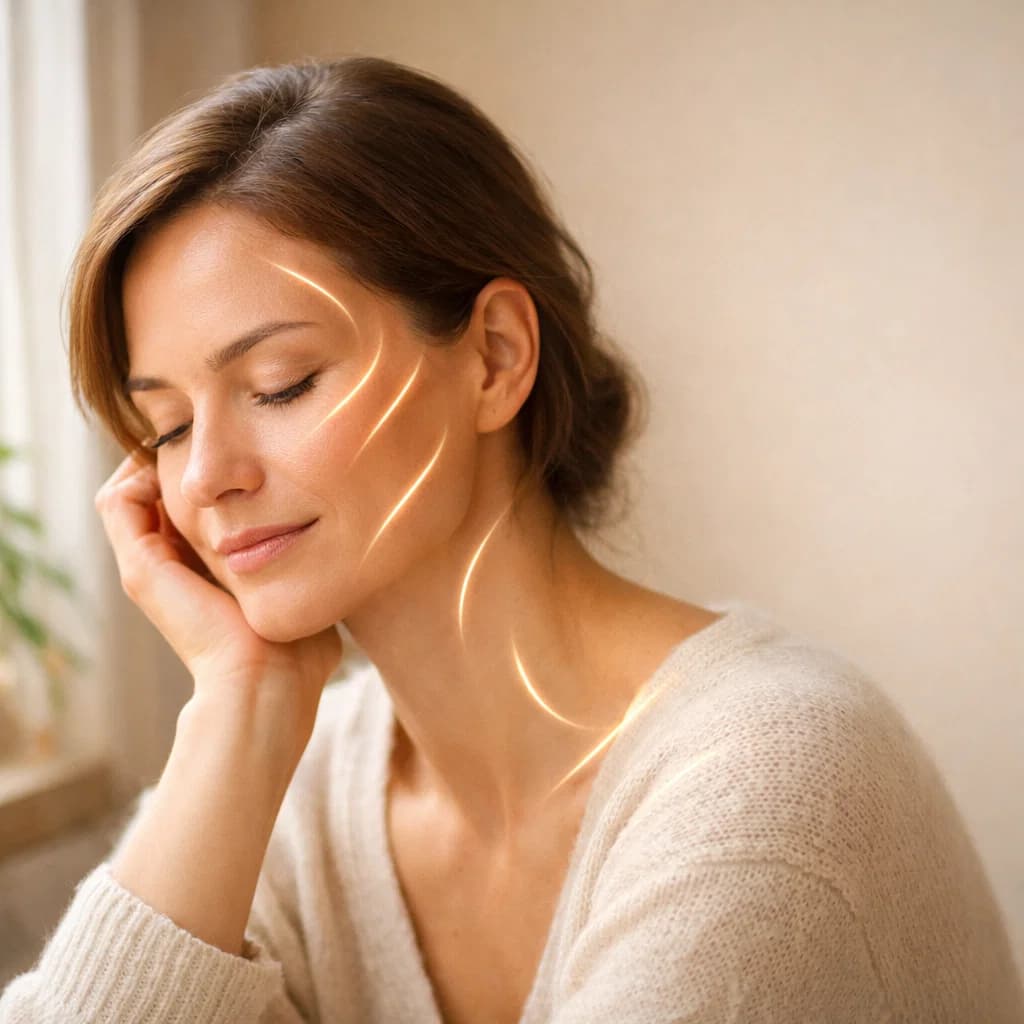 Calm woman with subtle facial scan lines for wellness reflection