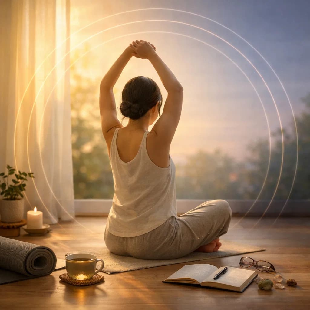 Morning wellness routine setup with yoga mat tea and journal by window light